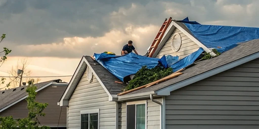 A professional blue tarp securely installed on a residential roof in Rogers Minnesota after storm damage