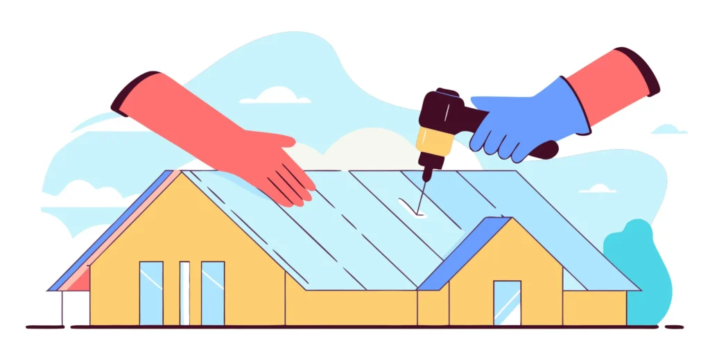 DIYer installing metal roofing on a house with a power drill.