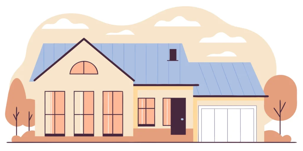 A modern home with a light blue standing seam metal roof.