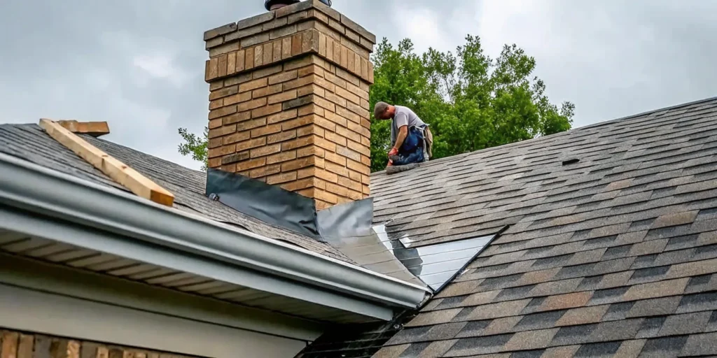Roofing professional inspecting chimney flashing on a Minnesota home