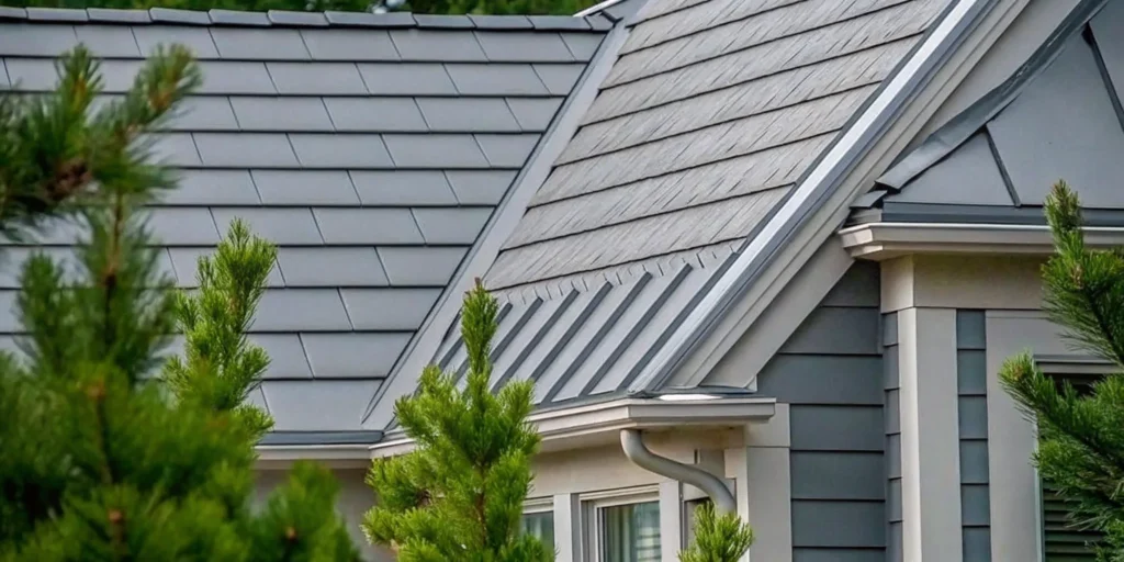 Residential home comparing dark architectural shingles and gray metal roofing