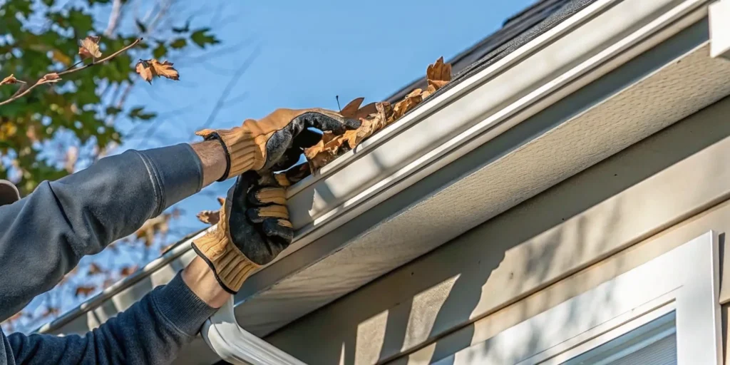 Autumn scene of Minnesota home with residential rain gutters being cleaned as dry leaves fall in golden hour light