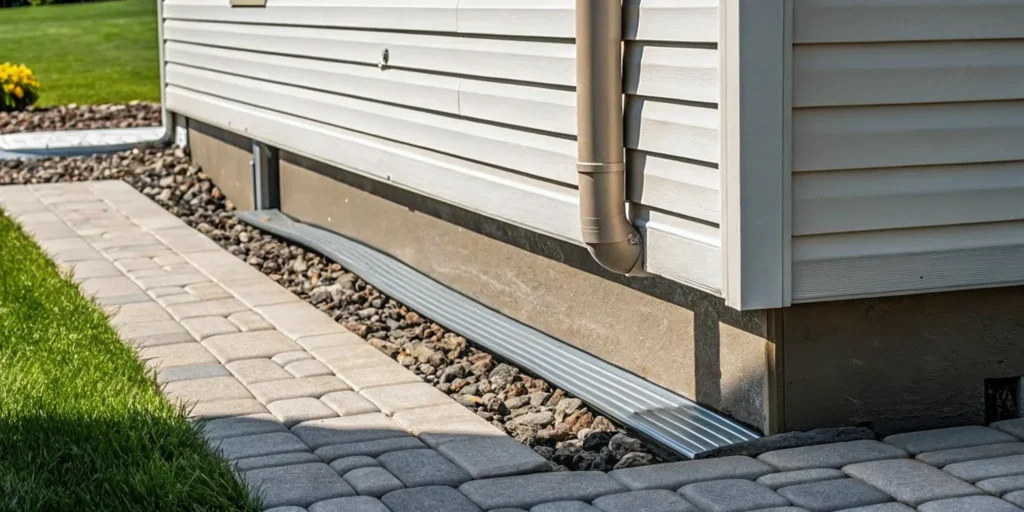 Gutter downspouts with splash blocks directing rainwater away from a house foundation