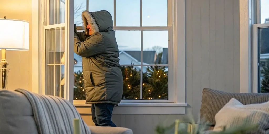 Homeowner checking for cold air drafts around a window frame on a winter day