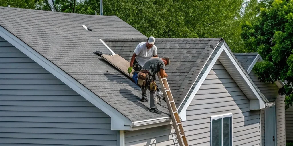 A roofer inspecting storm damage on a residential home in Rogers Minnesota while another contractor assesses siding damage.