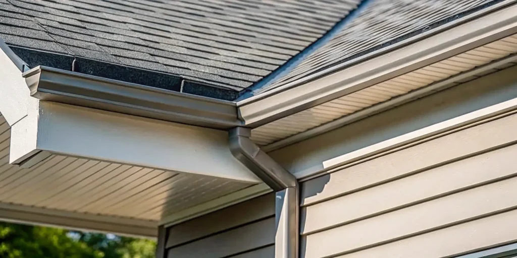 Roof fascia board on a home's roofline with soffit and gutters.