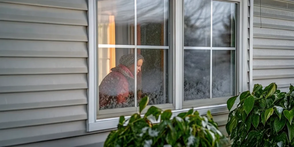 Foggy double-pane window showing condensation between glass panes in a Minnesota home