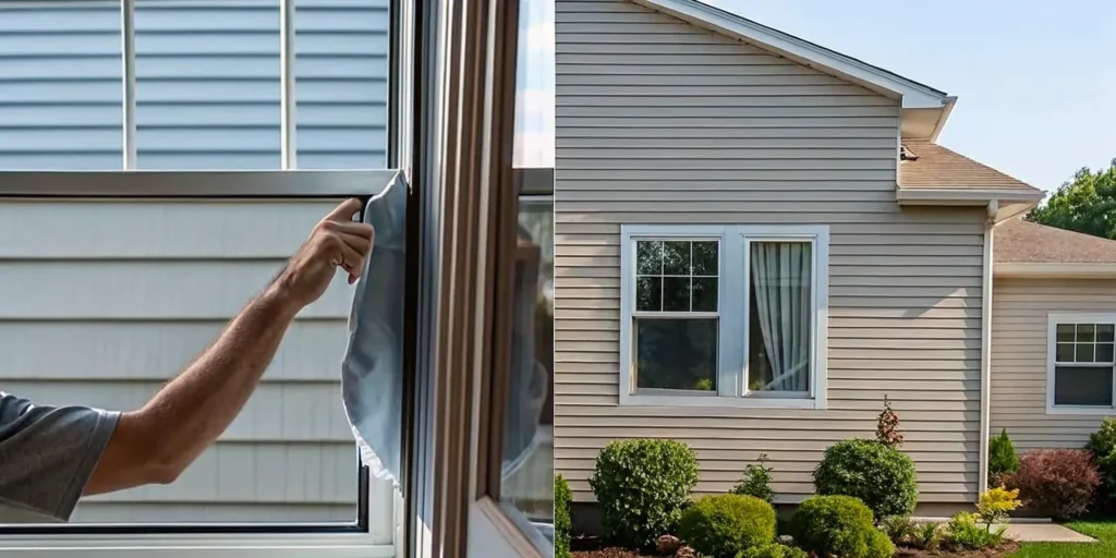 Minnesota homeowner comparing a foggy old window seal with a new energy-efficient replacement window, side-by-side home exterior view