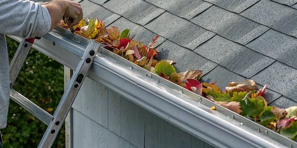 Homeowner installing gutter guards on a home with autumn leaves