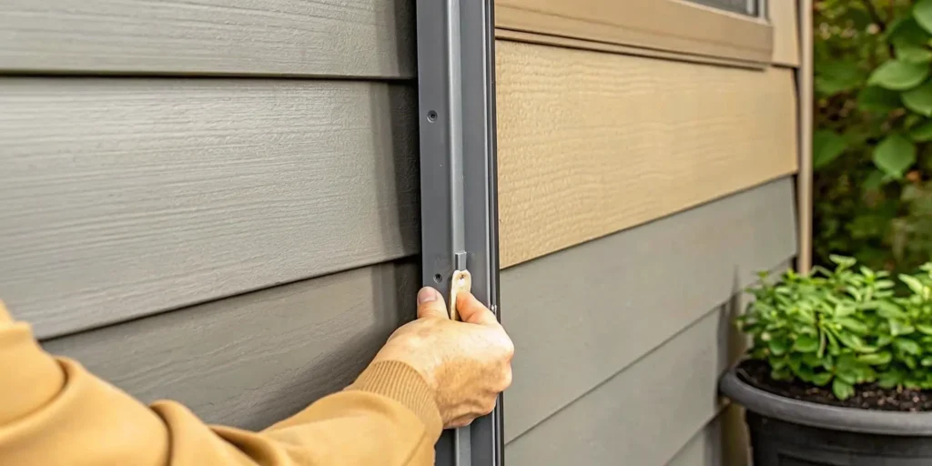 A hand installs a vinyl siding hook onto gray siding for damage-free hanging.
