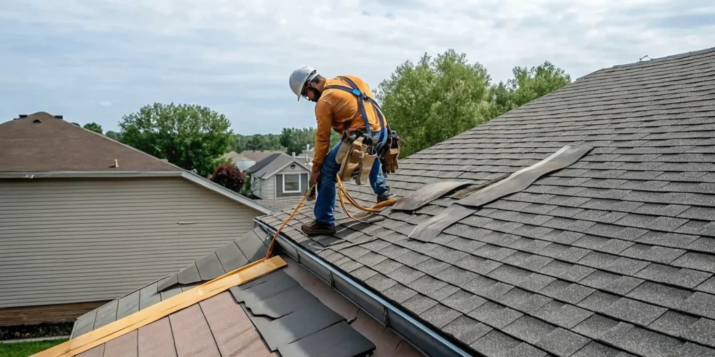 Referred Restoration exterior roof inspector examining storm damage in Rogers MN