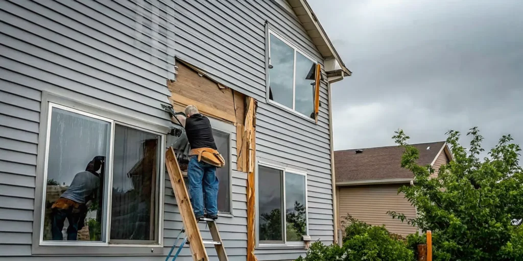 Storm-damaged siding on a Minnesota home showing visible cracks and dents after a severe storm