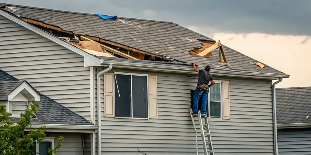 Minnesota residential home with visible storm damage to roof and siding, overcast sky