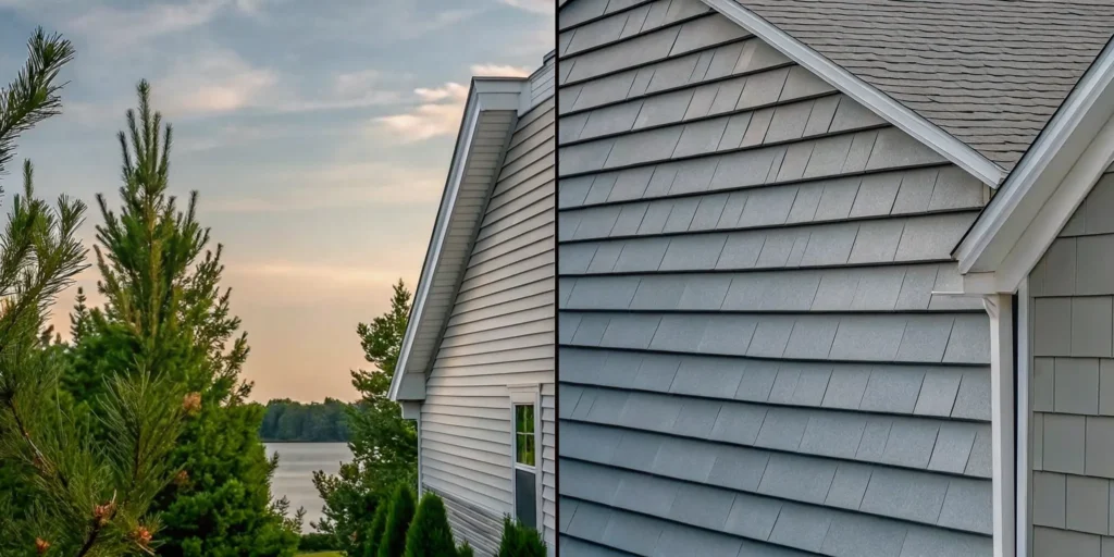 Side by side comparison of vinyl and fiber cement siding on Minnesota homes with autumn landscape