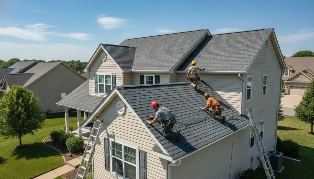 Roofing contractors installing new asphalt shingles on a Minnesota home roof under a bright blue sky