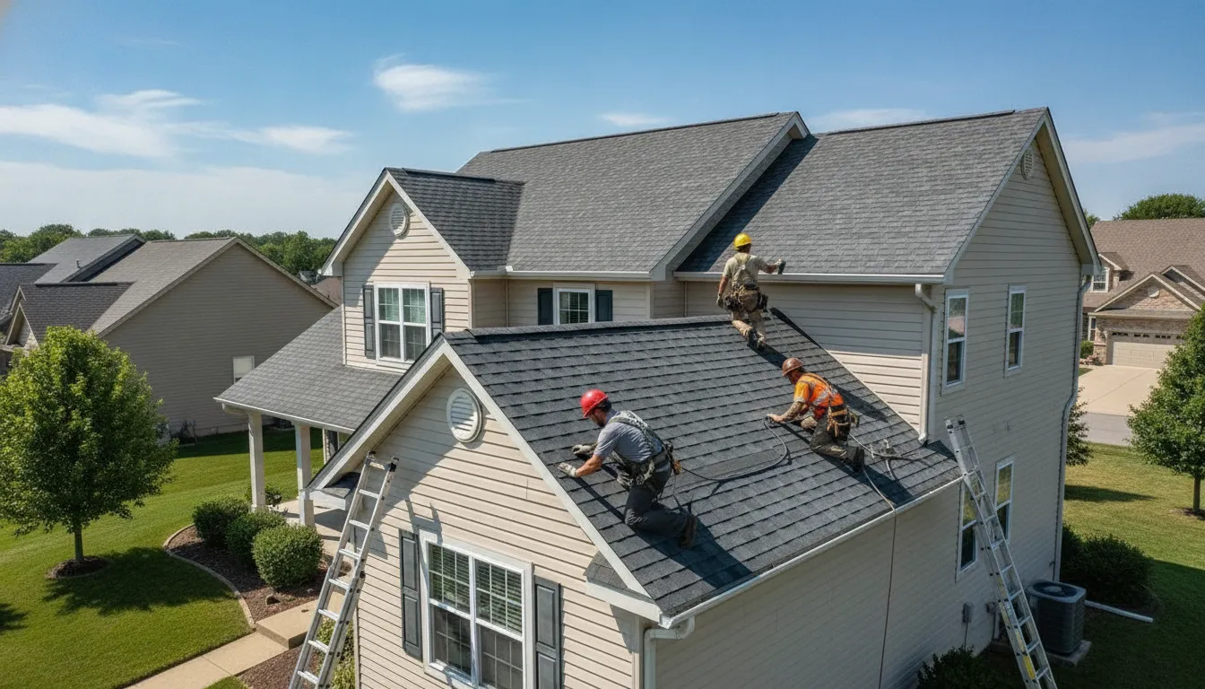Roofing contractors installing new asphalt shingles on a Minnesota home roof under a bright blue sky