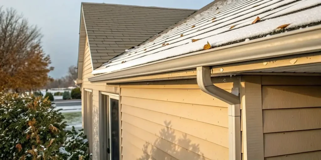 Minnesota home with seamless gutters fitted with gutter guards in early winter