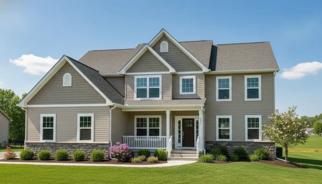 Home exterior finished with clean horizontal vinyl siding panels in neutral gray, professionally installed