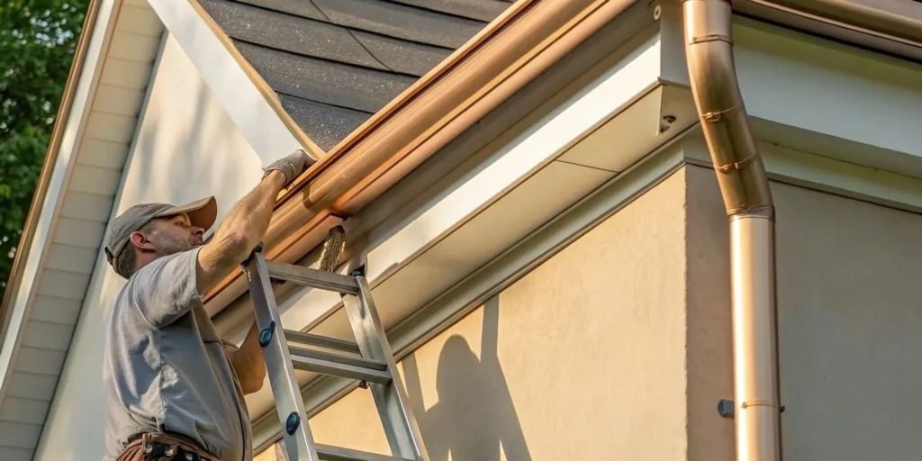 Copper gutters installed on a Minnesota home exterior