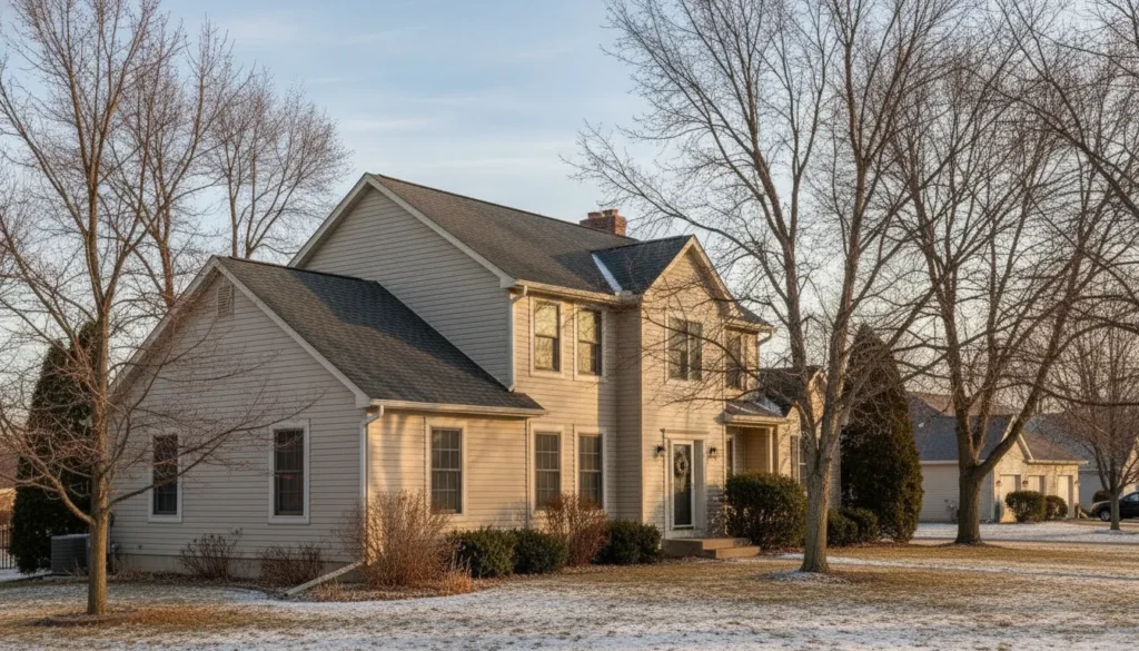 Blue vinyl-sided Minnesota home with white trim and a gable roof