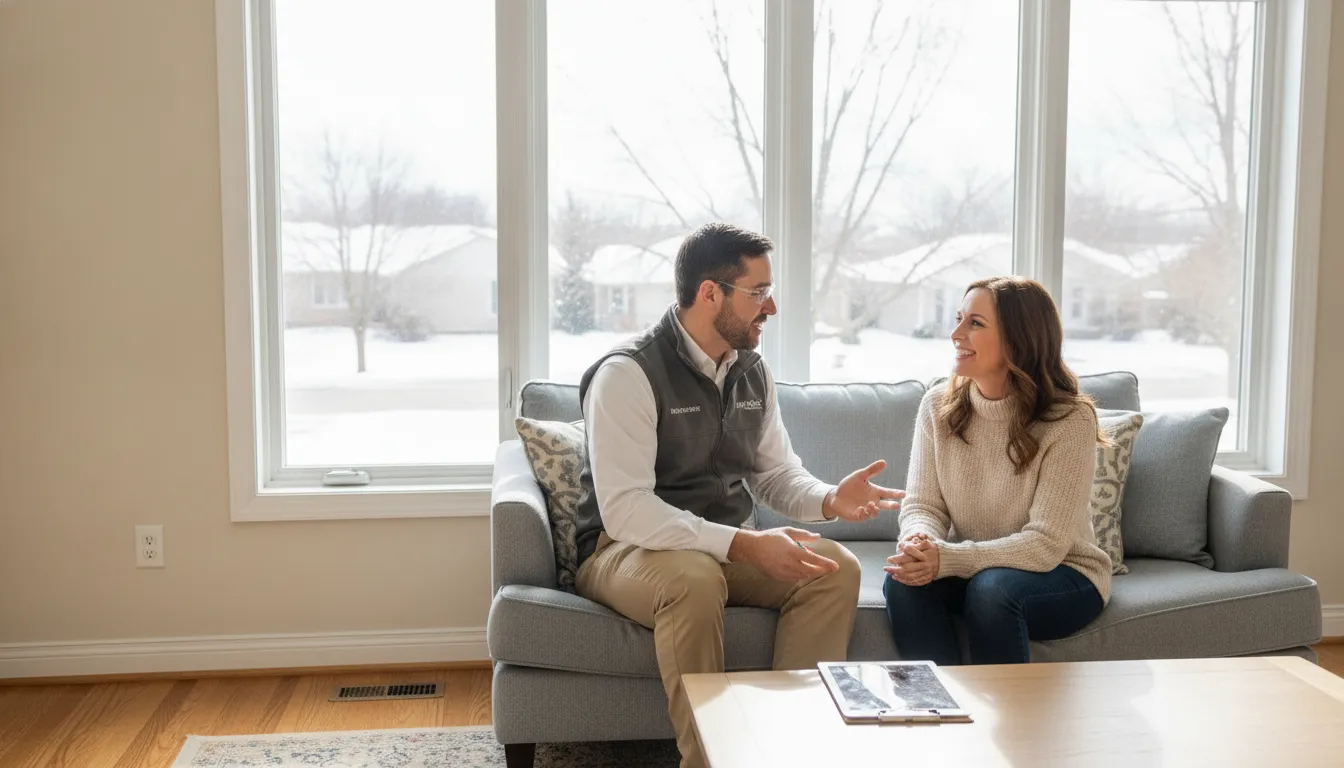 Minnesota homeowner discussing energy-efficient window replacement with an advisor in a bright living room