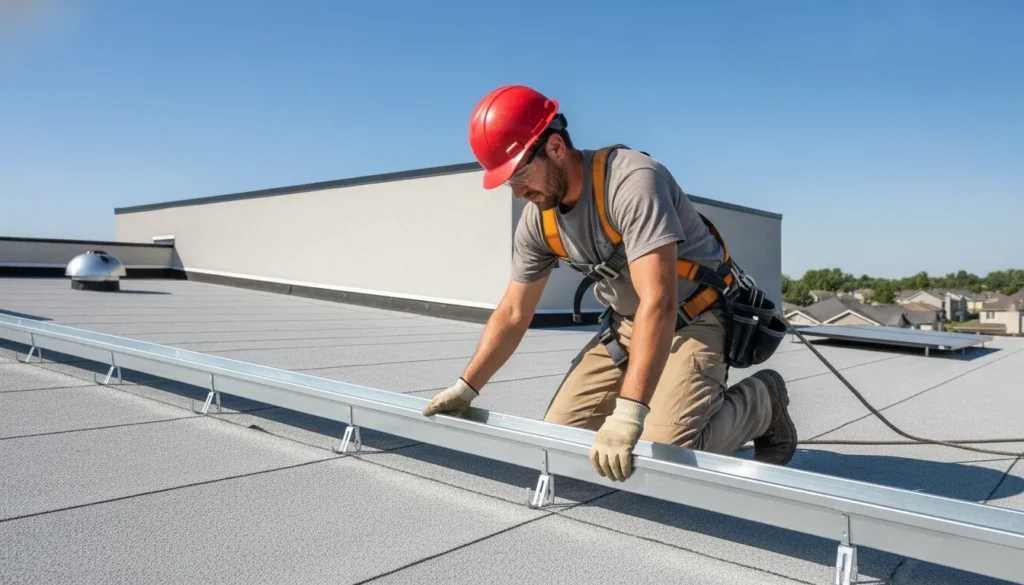 Roofing contractor installing and sealing a new gutter along the edge of a low-slope roof
