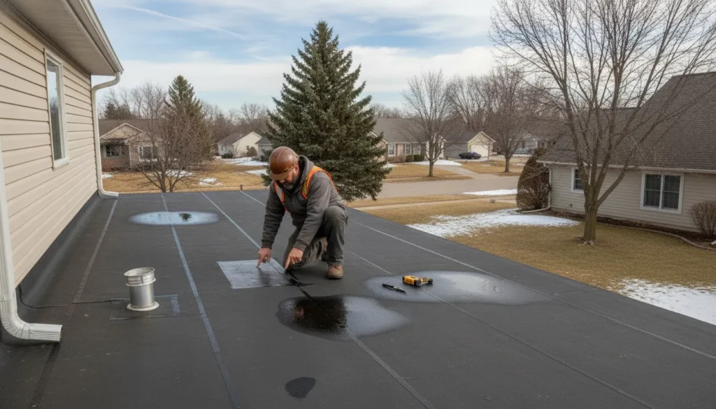 Roofer inspecting a Minnesota low-slope roof for flat roof repair