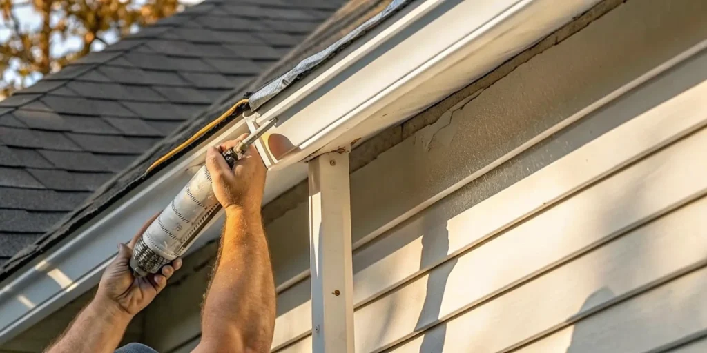 Contractor applying sealant to a gutter seam on a Minnesota home