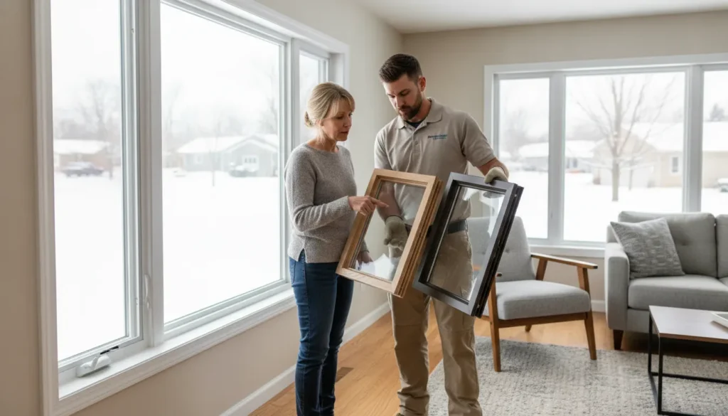 Homeowner comparing window options in a Minnesota living room