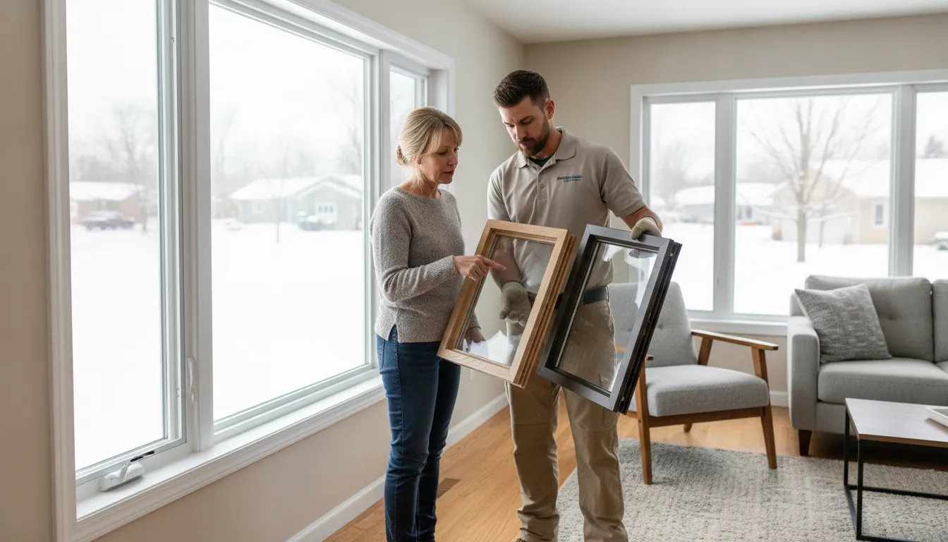 Homeowner comparing window options in a Minnesota living room