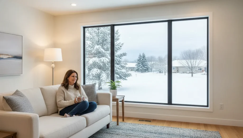 Homeowner relaxing in a bright living room near a large energy-efficient window with snowy Minnesota winter outside