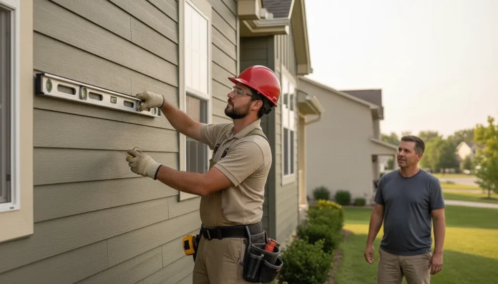 Siding contractor inspecting newly installed siding panels on a Minnesota home exterior