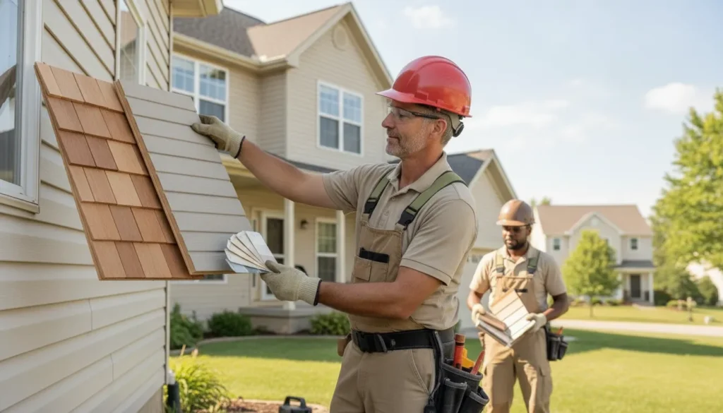 Exterior home restoration contractor reviewing coordinated roof shingles and siding color samples on a Minnesota suburban house