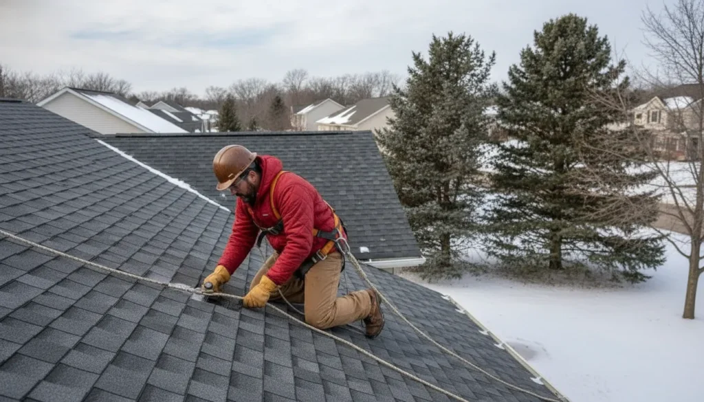 Roofers evaluating a Minnesota home's roof