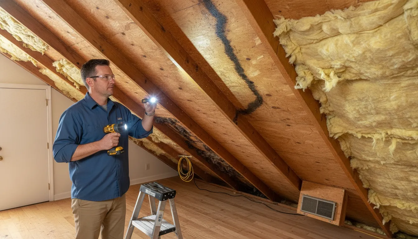 Homeowner inspecting roof leak clues from a safe attic access point