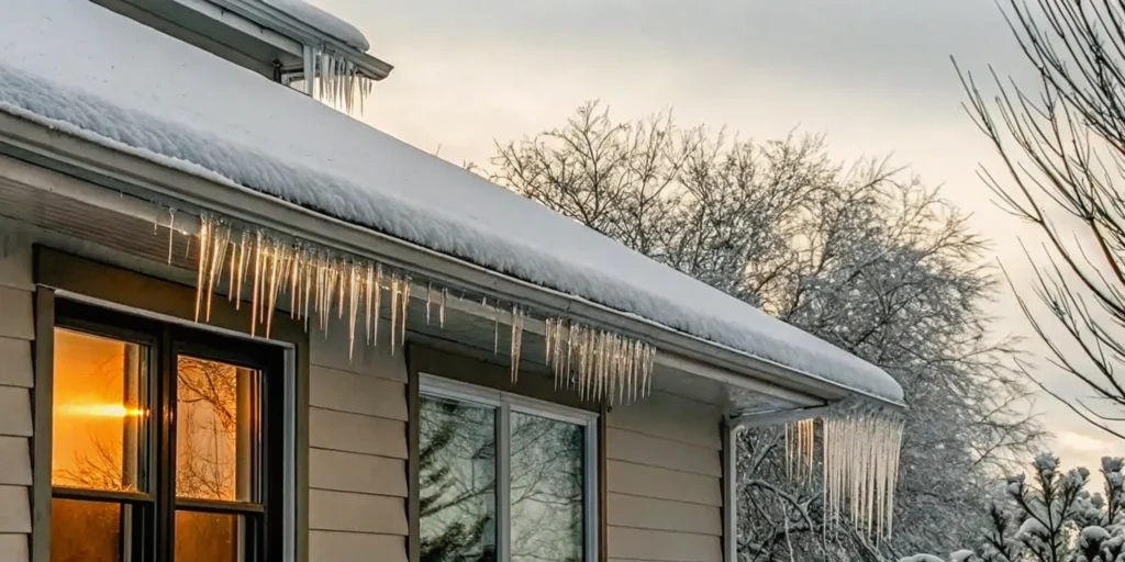 Snow-covered Minnesota home roof with ice forming along the eaves and gutter line in winter