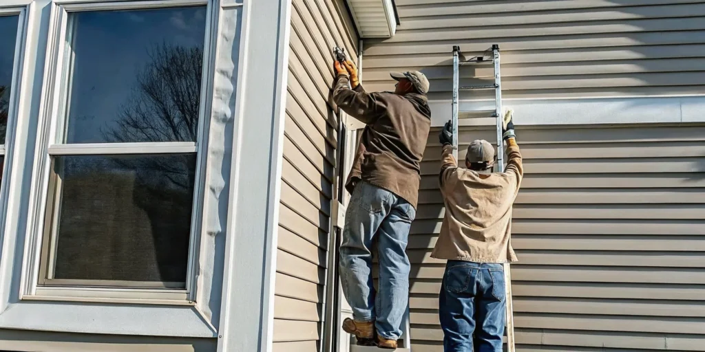 Two exterior installers fitting a fiber cement siding panel on a two-story Minnesota home with cedar and gray lap siding