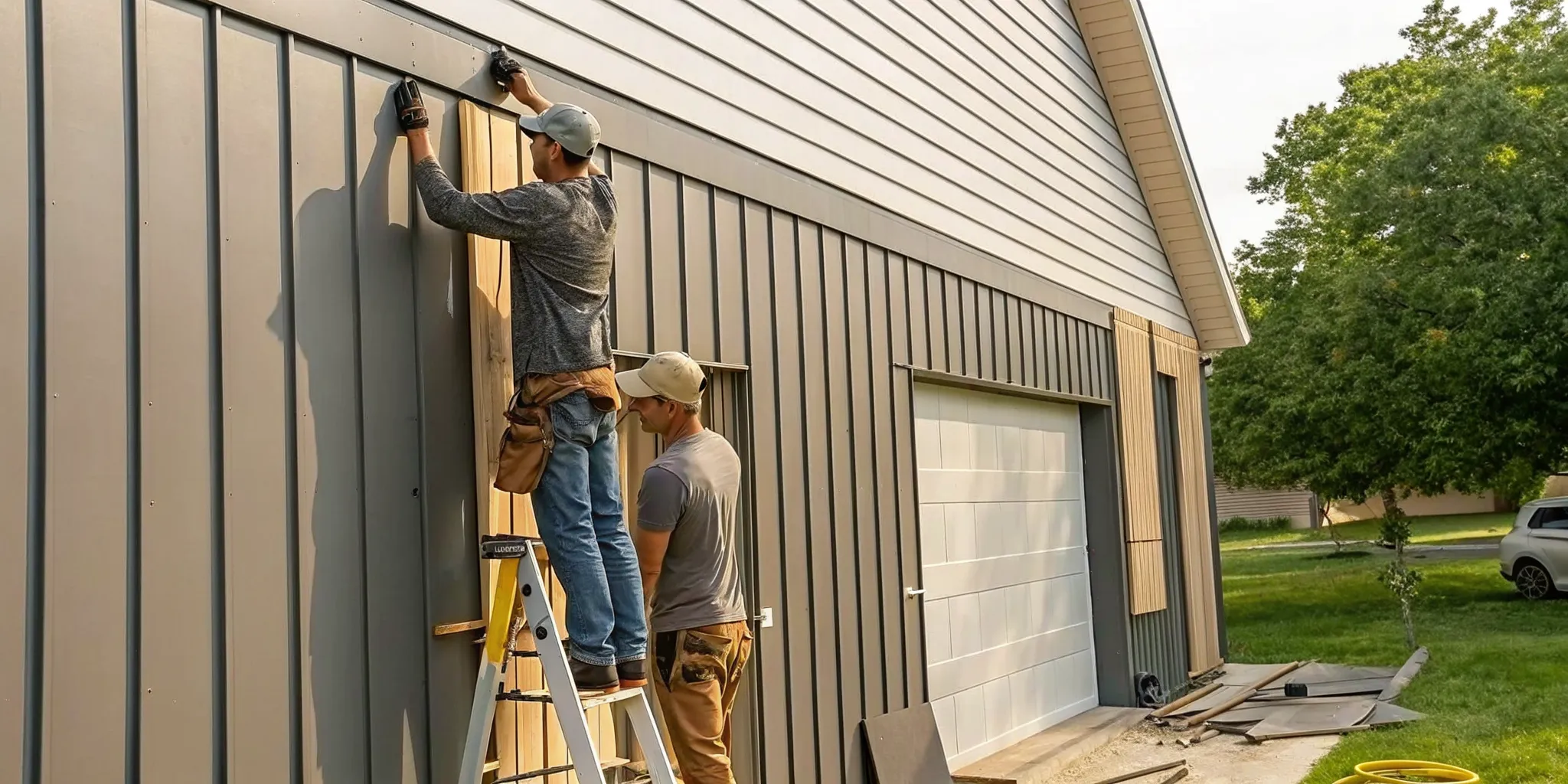 Installers fitting vertical metal siding panels on a Minnesota home exterior
