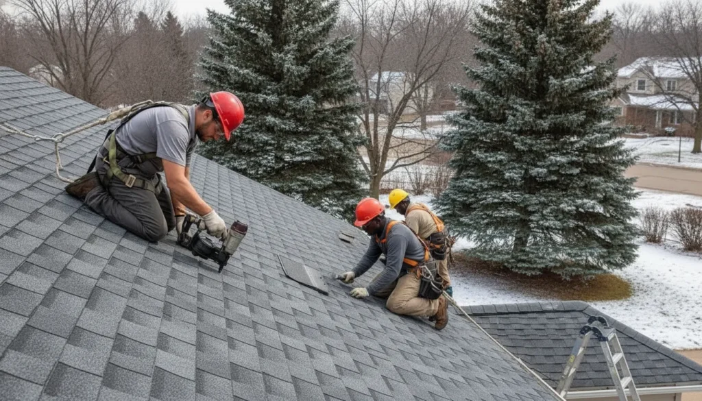 Roofer installing Owens Corning shingles on a Minnesota home
