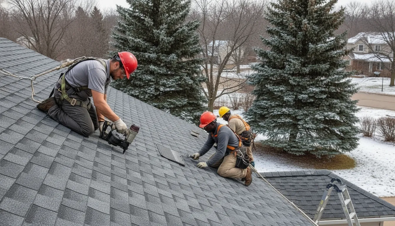 Roofer installing Owens Corning shingles on a Minnesota home