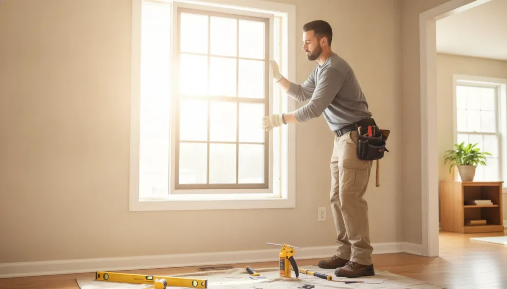 Professional installer lifting a new vinyl window into a bright opening in a Minnesota home