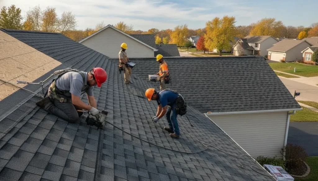 Roofing crew installing a new roof on a Minnesota home