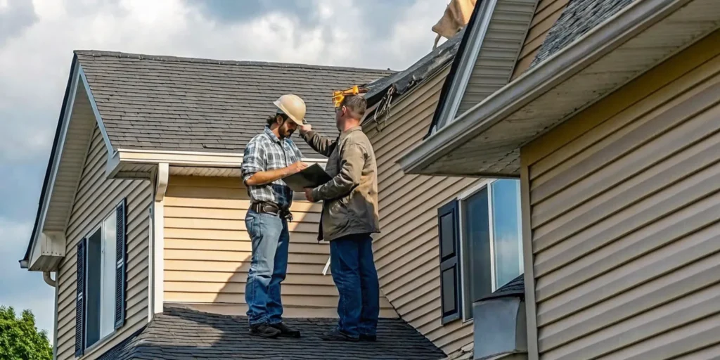 Minnesota homeowner and roofing contractor inspecting shingle damage after a hailstorm in a residential neighborhood