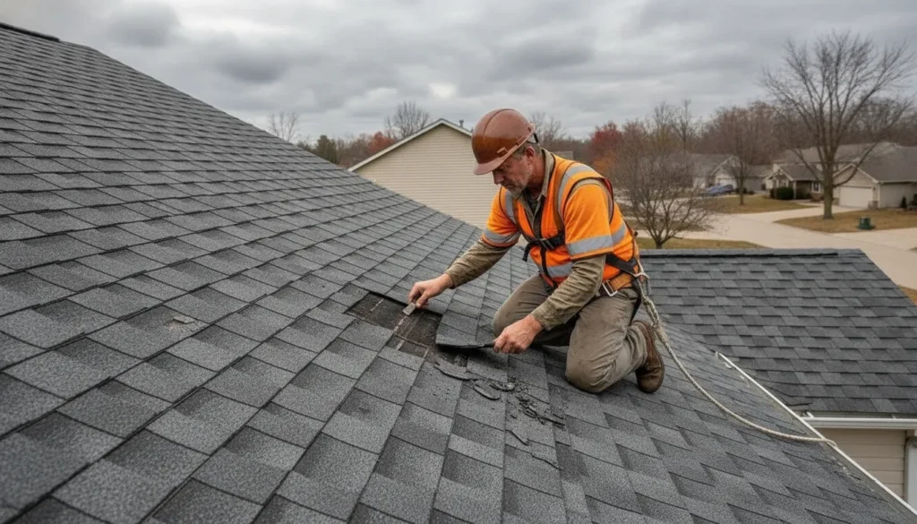 Roofing contractor repairing damaged asphalt shingles on a Minnesota residential roof