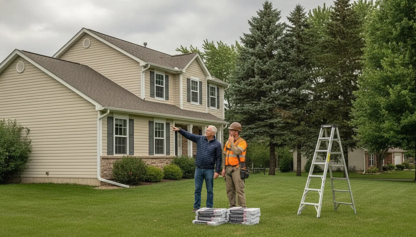Roofers comparing a Minnesota home roof during an inspection