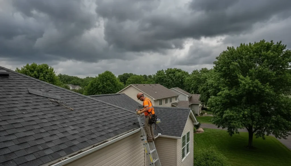 Roofer inspecting shingles during Minnesota roofing repair