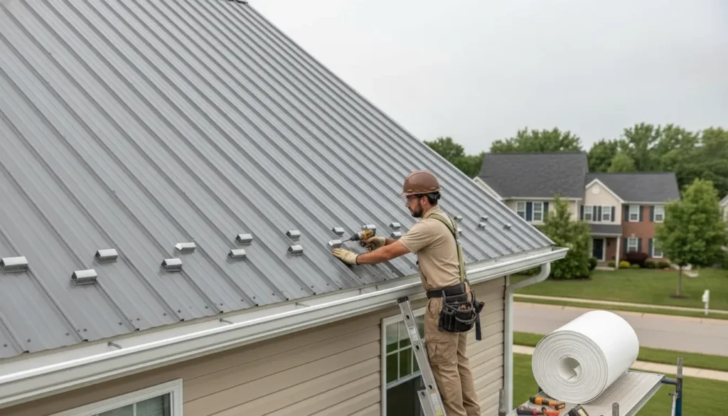 Roofing technician installing seamless aluminum gutters along the edge of a standing-seam metal roof