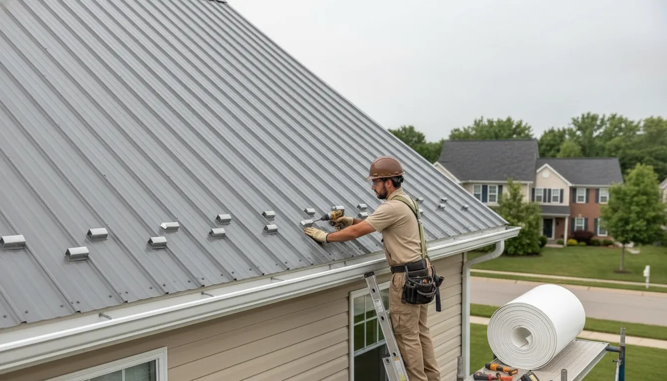 Roofing technician installing seamless aluminum gutters along the edge of a standing-seam metal roof
