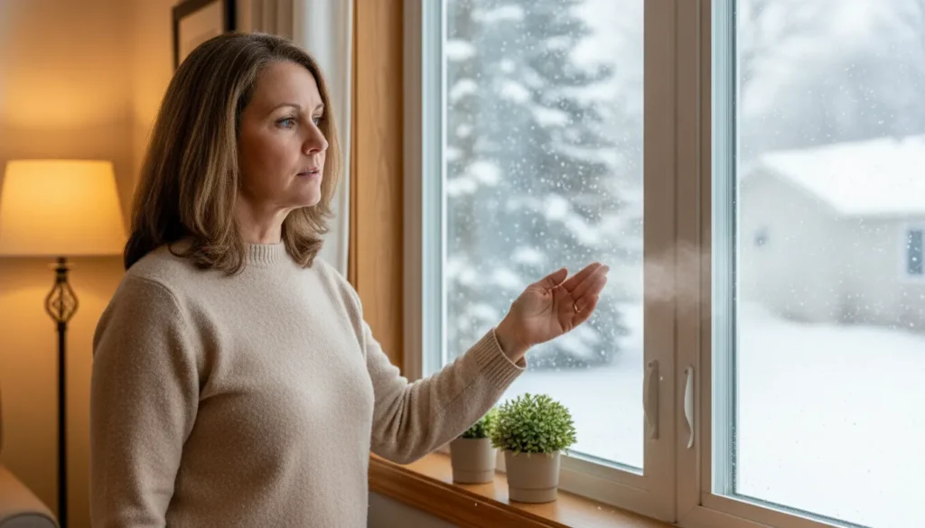 Homeowner inspecting a drafty window during a Minnesota winter with snow outside
