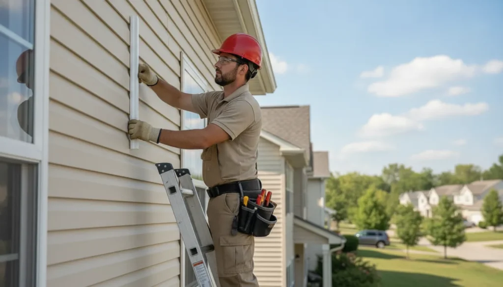 Contractor fitting white vinyl siding corner trim on a Minnesota home